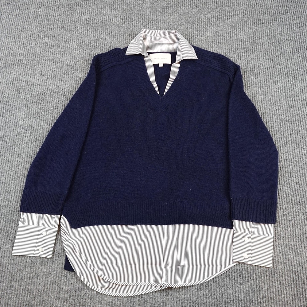 Brochu Walker Sweater Womens Small Navy Stripe Layered V Neck Wool Cashmere